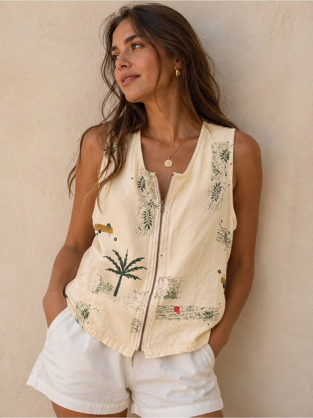Vintage 90s Tropical Palm Tree Zip Front Vest